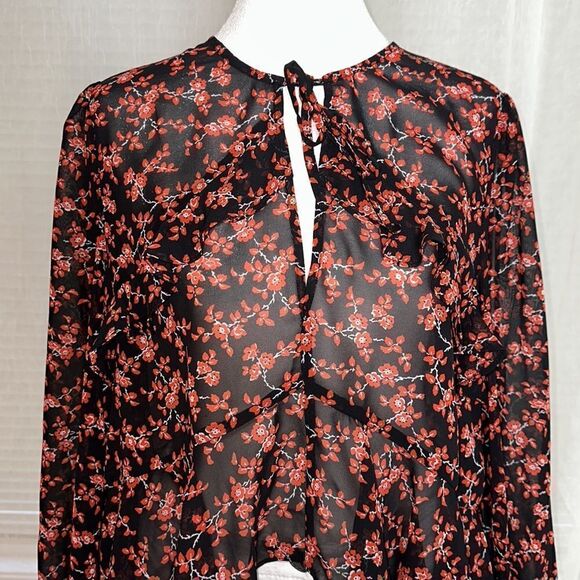 bar III L Black Red White Floral Long Sleeve Tie Front Peplum Ruffle Blouse - Picture 3 of 12